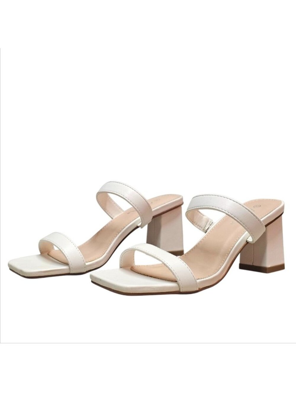 White Faux Leather Block Heel Sandals With Double Straps & Square Toe For Women - Picture 3 of 15